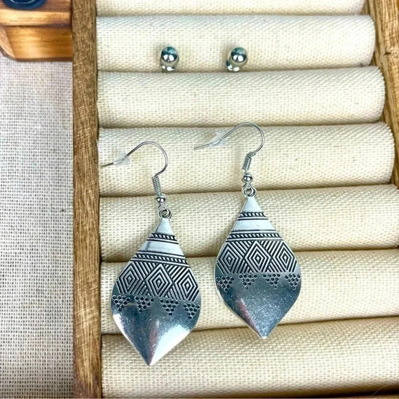 Aztec Dangle & Silver Stud Earrings - Picture 2 of 3